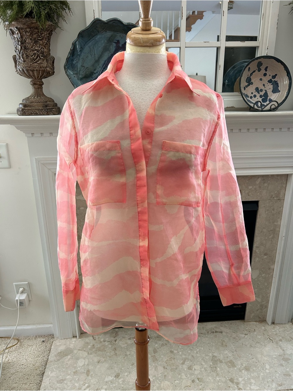 Rachel Zoe Coral and Cream Sheer Button-Down Oversized Shirt